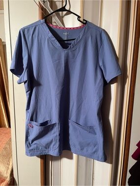 HeartSoul Women's Scrub Top in Periwinkle Blue with Pink Trim